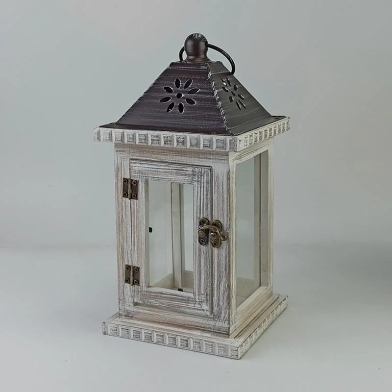 Rustic Wooden & Metal Candle Lantern Windproof Vintage Farmhouse Lanterns