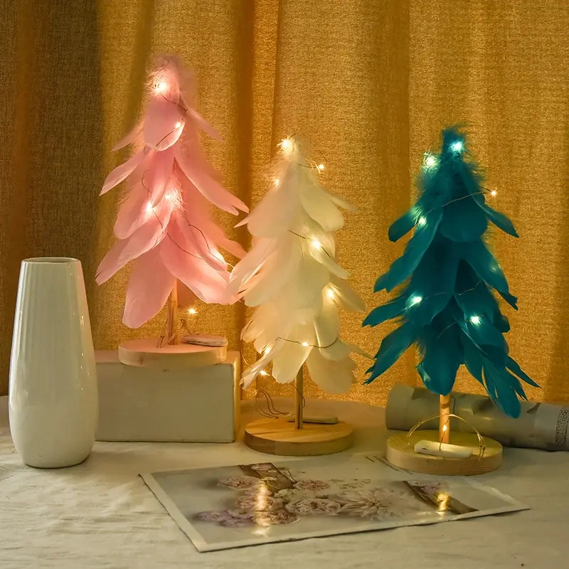 Prelit Tabletop Christmas Tree Wooden Miniature Christmas Feather Tree Warm LED Lights for Home and Office Christmas Decoration