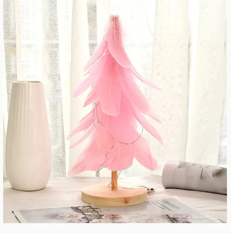 Prelit Tabletop Christmas Tree Wooden Miniature Christmas Feather Tree Warm LED Lights for Home and Office Christmas Decoration