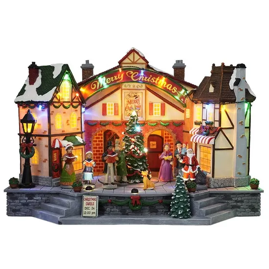 Pequeña casa iluminada LED de la Navidad del ornamento blanco cálido de Polyresin con los personajes