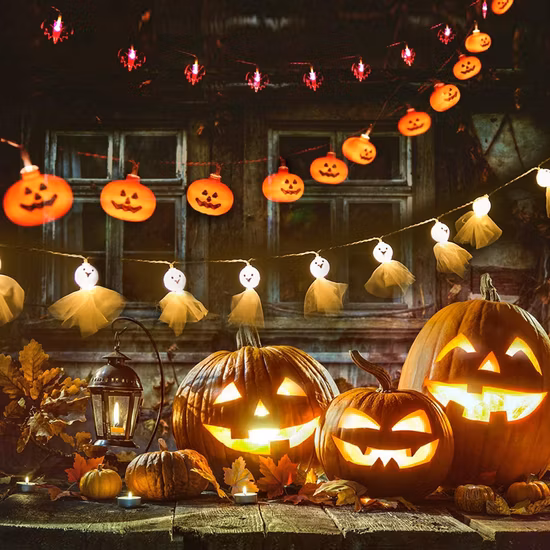 Luces de cadena LED Venta al por mayor Serie de murciélagos espeluznantes Luces navideñas Luces decorativas Araña Luces de calabaza de Halloween