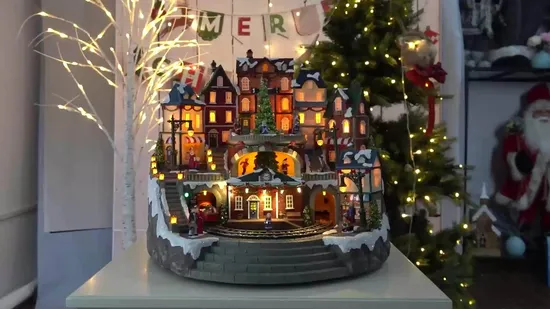 Escena de Navidad de esquí para niños de montaña, casa de pueblo animada de poliresina de fibra óptica con iluminación LED, adorno navideño