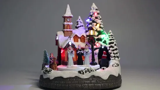 Pueblo de adorno de casa verde de Navidad de plástico con música LED con árbol giratorio